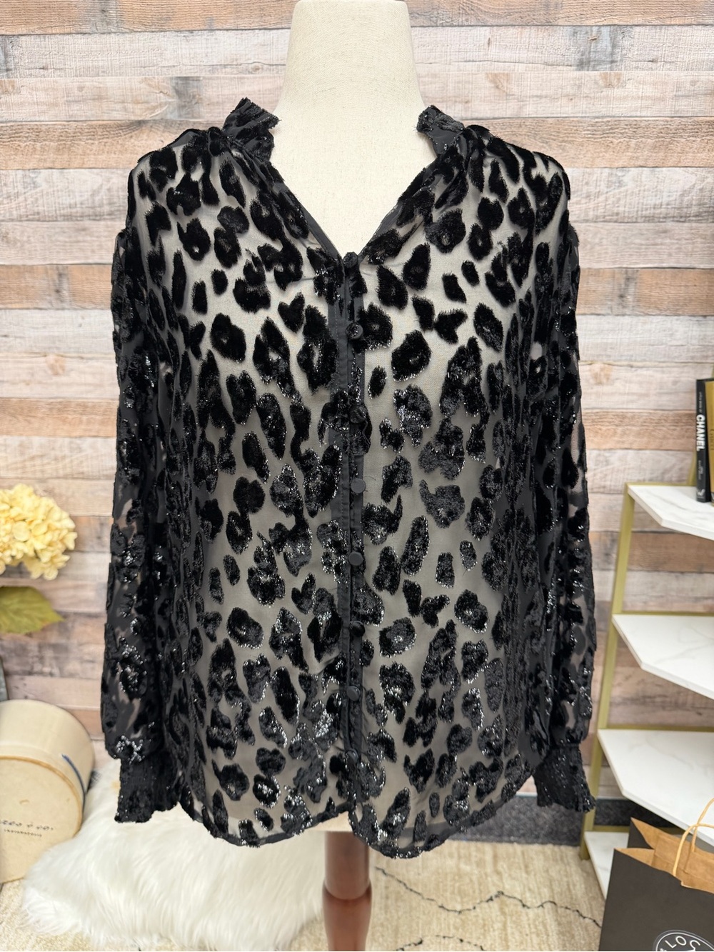 Chico's Black Velvet Leopard Burnout Button-Down Blouse